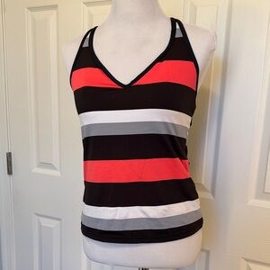 Chic Striped V-Neck Tankini Top in Black, Orange, and Gray
